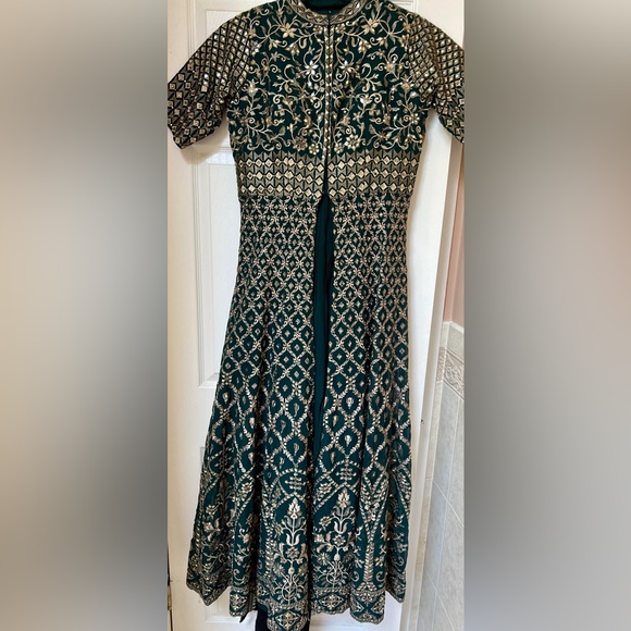 Women’s Emerald Green Mirror Work Anarkali Empire Waist Jacket Palazzo Set - Picture 8 of 9